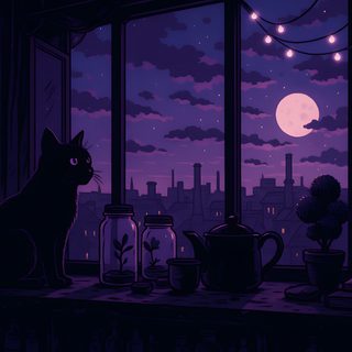 a black cat sitting on a window sill looking out at the night sky and full moon Lofi Halloween Desktop Ipad Dark Aesthetic, Dark Purple Aesthetic Laptop, Dark Purple Aesthetic Desktop, black