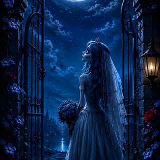a woman in a wedding dress standing at an open gate with the moon behind her Halloween Iphone Corpse Bride midnight blue