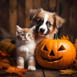 a dog and cat sitting next to each other in front of pumpkins Cute Dog And Cat Halloween Puppy In Pumpkin, Dog In Pumpkin, Puppy With Pumpkin, Dog And Pumpkin, saddle brown