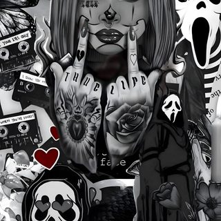 a woman with tattoos on her face and hands Halloween Baddie Trippy Iphone, Dessin Moto, Images Hello Kitty, Pink Hello Kitty, dark slate gray