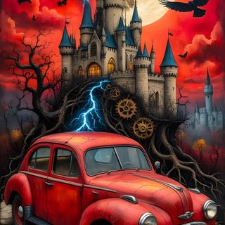an old red car parked in front of a castle with lightning coming from the sky Halloween Car saddle brown