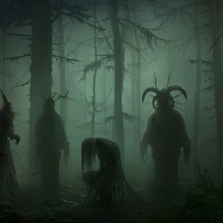 three people in the woods with long horned hair and horns on their heads, standing among tall trees Halloween Woods Horror Forest, Horror Forest Art, Creepy Creature In Dark Forest, dark slate gray