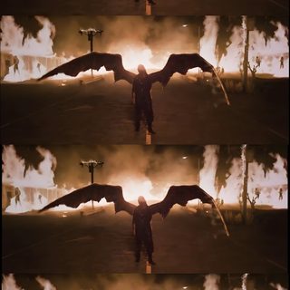 a man standing in front of a fire filled sky with two large birds flying over it Halloween Billie Eilish Billie Eilish Dragon, Billie Eilish Wings, Eilish No.2, dark slate gray