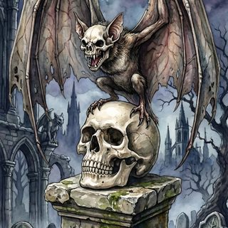 a painting of a bat sitting on top of a skull in front of a graveyard Halloween Skull And Bat Skull, Dark Fantasy Bat Drawing, Gargoyle With Skull Illustration, dim gray