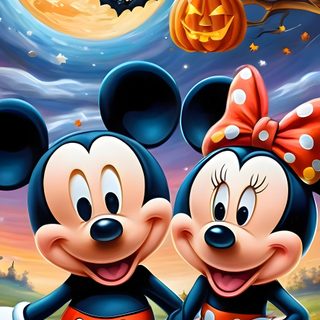 two mickey and minnie mouses standing next to each other in front of a full moon Mickey And Friends Halloween Backgrounds Mickey And Minnie Halloween Images, Mickey And Minnie Halloween Pictures, Mickey Mouse Halloween Iphone, dim gray