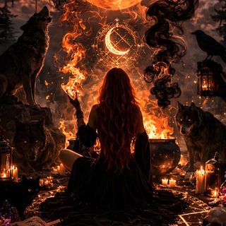 a woman sitting in front of a full moon surrounded by candles and books with cats on them Pagan Halloween House In Nature, Witches Aesthetic, Witches Fantasy, Dark Witch Aesthetic, Witch Lair, black