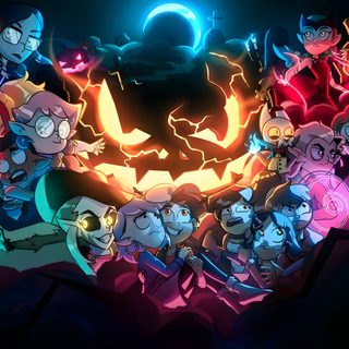 an animated halloween scene with many characters in the center and glowing pumpkins behind them The Owl House Halloween The Owl House Laptop Background, The Owl House Computer, The Owl House Halloween, black