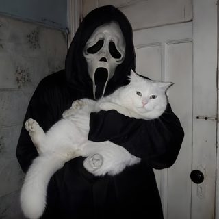 a person in a ghost costume holding a white cat with a creepy face on it Funny Halloween Computer Ghost Face Aesthetic, Ghostface Cat, Ghostface Icons, Ghost Face Pfp, dim gray