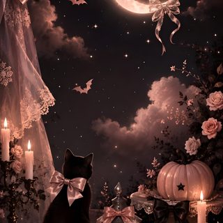 a black cat sitting on top of a table next to some candles and pumpkins Black Cat Halloween Beautiful Halloween, Halloween Aesthetic, Pastel Goth, Cute Aesthetic,