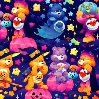 many different colored bears and stars on a purple background Care Bears Halloween dark slate blue