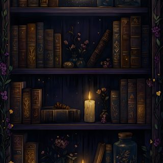 a book shelf filled with lots of books next to a lit candle and some flowers Halloween Bookshelf Iphone Book Background, Book Backgrounds, Dark Academia Images, E Reader, Book, black