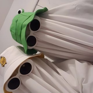 two stuffed animals dressed in white clothing and hats with eyes on their faces, sitting next to each other Best Friend Halloween Frog Meme Photo, Fantasias De Fantasma, Aesthetic Frog With Mushroom Hat, dark gray