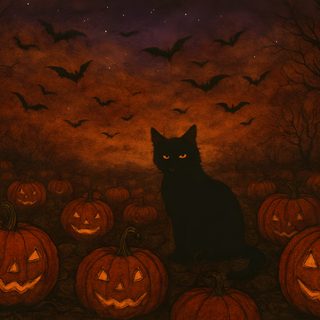 a black cat sitting in the middle of a field full of pumpkins at night Desktop Black Cat Halloween Spooky Pc, Halloween Ipad Backgrounds, Fall Ipad Backgrounds, maroon