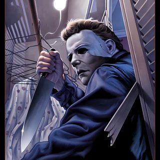 a movie poster for halloween with a man holding a knife and looking at the camera Halloween The Movie Vintage Slasher Movie Posters, Michael Myers Movie Poster, 80s Slasher Movie Posters, dark slate gray