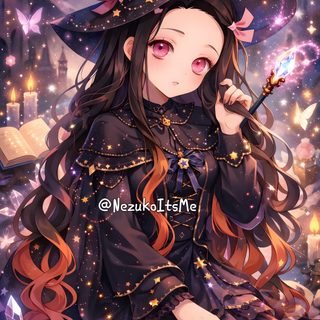 a girl with long hair wearing a witches hat and holding a wand in her hand Nezuko Kamado Halloween Sticker Design Inspiration, Demon Slayer, Sticker Design, dark slate gray