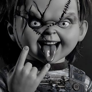 a young child with makeup on his face and mouth is making the finger sign for the camera Halloween Scary Chucky Chuky, Black And White Chucky, Chucky Cute, Chucky Black And White, dark slate gray
