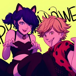 two people sitting next to each other with the words happy halloween written in black on them Miraculous Ladybug Halloween Cute Couple Comics, Ladybugs Movie, Catnoir And Ladybug, Ladybug, indian red
