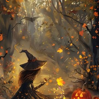 a painting of a witch sitting in the woods with her pumpkins Enchanted Halloween Witch Image, Fall Magic, Fall Witch, October Witch, Magical Halloween, dark olive green