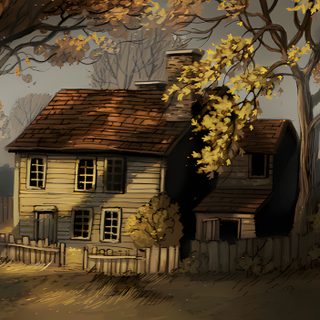 a painting of a house in the woods with trees around it and leaves on the ground Halloween Over The Garden Wall Cozy Autumn Landscape, Fall Home Decor Inspiration, Nature-themed Art Ideas, dark slate gray