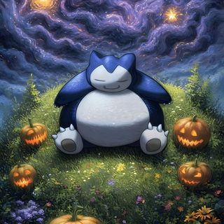 a cartoon character sitting on top of a field with pumpkins in front of it Halloween Snorlax Halloween Pokémon, Pokemon Collection, Cute Pokemon, Iphone Stills, Snorlax, dark slate gray