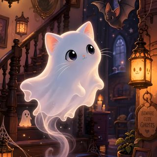 a white cat is flying through the air in front of a staircase with lanterns on it Cat Halloween dark slate gray