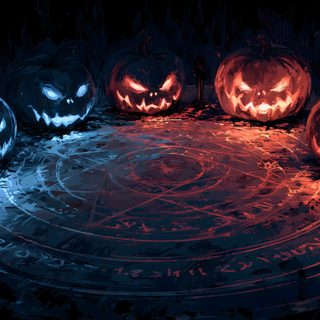 five carved pumpkins sitting on top of a circular table with glowing faces in the middle Engine Halloween Scary Halloween Computer Backgrounds, Dark Halloween Desktop, Creepy Halloween Desktop, black