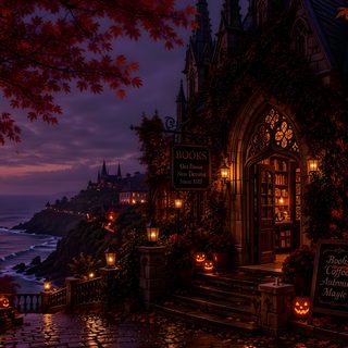 an image of a halloween scene with pumpkins on the steps and lights in the windows Halloween Evening Custom black