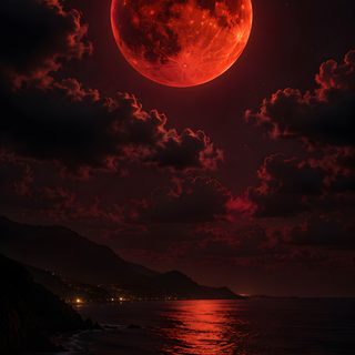 a red full moon over the ocean with clouds in the sky and water below it Red Moon Halloween black