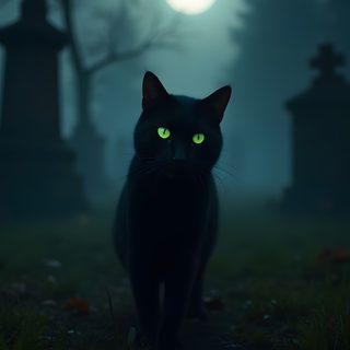 a black cat with glowing green eyes walking in the grass at night near graveyards Creepy Black Cat Halloween Scary Cat Background, Spooky Black Cat Pictures, Halloween Black Cat Background,
