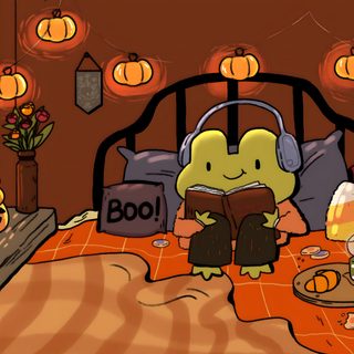 a cartoon character is reading a book in bed Lofi Halloween Desktop Cozy Cute Fall Desktop, Studio Ghibli Fall Aesthetic, Cartoon Fall Desktop, saddle brown