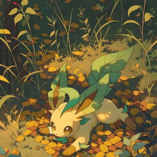 an animal that is laying down in the grass with leaves on it's ground Leafeon Halloween Leafeon 4k, Lightning Pokemon, Pokemon Full Art Cards, Sawsbuck, dark slate gray