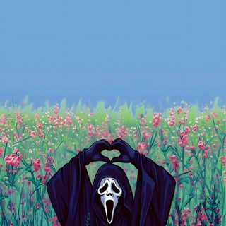 a painting of a person in a black robe sitting in a field with pink flowers Cute Scream Halloween Lock Screen Halloween, Phone Backgrounds Halloween, Xbox Profile Pictures, cadet blue