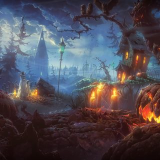 a dark forest filled with lots of pumpkins and glowing lights in the night sky 3840x2160 Halloween Halloween Background Dark Forest, Halloween 1920x1080 Hd, 3840x2160 Halloween, dark slate gray