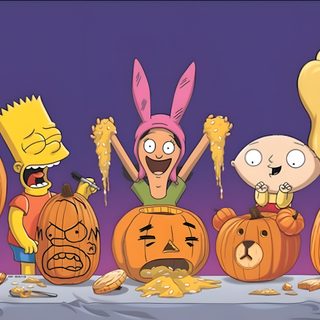 cartoon characters with pumpkins and jack - o'- lanterns Family Guy Halloween Bobs Burgers Halloween, Bobs Burgers Funny, Burger Cartoon, Days Till Halloween, dim gray