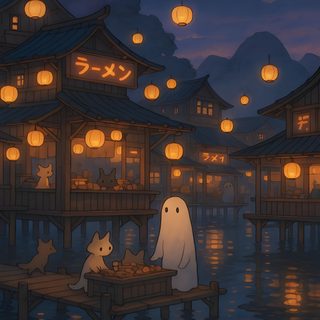 an animated scene with lanterns floating in the air above water and people sitting at a table Japan Halloween Japanese Halloween Background, Studio Ghibli Halloween Background, Japan Halloween, dark slate gray