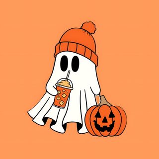 an orange background with a cartoon ghost holding a pumpkin and a drink in it's hand Halloween Boo Halloween Orange White Halloween Cute Pumpkin, Halloween Cute, Autumn Phone, sandy brown