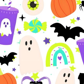 halloween seamless wallpaper with ghost, pumpkins and bats on the white background Rainbow Halloween old lace