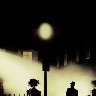 a man walking down a street at night in the fog with a hat and coat on Exorcist Halloween The Exorcist Poster, The Exorcist Poster 4k, Exorcist 2 Movie Poster, black