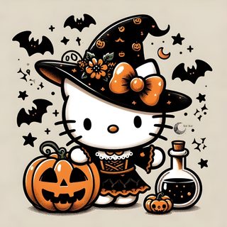 hello kitty halloween wallpaper with pumpkins and witches Spooky Halloween Hello Kitty Cute Witch Costume Art, Diy Halloween Costume Inspiration, Halloween Party Decoration Ideas, light gray