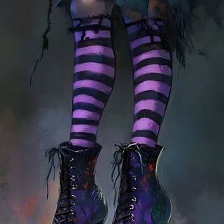 a painting of a woman's legs wearing purple and black striped stockings, high heeled shoes Happy Halloween Stockings Witch Legs Drawing, Witches Legs Drawing, Halloween Boots Drawing, dark slate gray