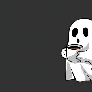 a cartoon ghost holding a coffee cup in his hand Halloween Laptop Ghost Background For Laptop Aesthetic, Skeleton Desktop, Spooky Laptop Theme, dark slate gray
