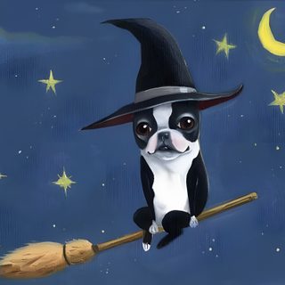 a painting of a boston terrier dog wearing a witches hat and holding a broom Halloween Boston Terrier Boston Terrier Halloween Drawing, Halloween Boston Terrier, Boston Terrier Witch Svg, dark slate blue