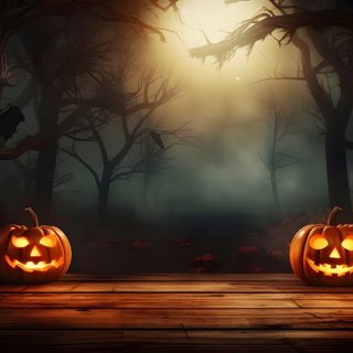 three carved jack o lantern pumpkins sitting on a wooden floor in front of trees Halloween Banner With Forest Halloween Banner Background Hd, Halloween Tree Background Hd, Halloween Tree Background For Photoshop, black
