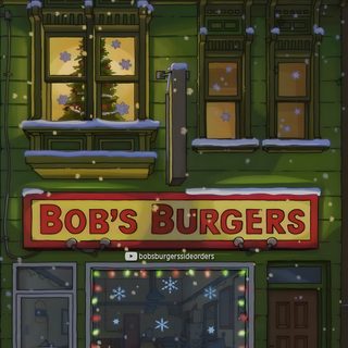 bob's burgers in the snow with christmas lights on it and a tree outside Bobs Burger Halloween Cool Bobs Burgers, Bobs Burgers Christmas Phone, Bob's Burgers, dark slate gray