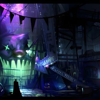 an animated image of a creepy clown in a dark room with neon lights and decorations Arkham Halloween Joker Theme Background, Arkham Background, Cyberpunk Joker Locations, black