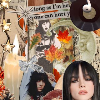 a woman with long black hair is surrounded by pictures Halloween Billie Eilish Fall Background, Billie Eilish Fall, Billie Eilish Halloween, sienna
