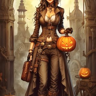 a woman dressed in steampunk clothing with pumpkins Halloween Steampunk Halloween Steam Punk, Steam Punk Witch, Steam Punk Halloween, saddle brown