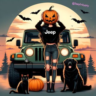 a woman standing in front of a jeep with two dogs and a pumpkin on it Halloween Jeep Jeep Halloween Decorations, Jeep Fall Pictures, Jeep Pumpkin, dim gray