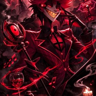 an anime character with red hair holding a knife and a wine glass in his hand Hazbin Hotel Halloween Hazbin Hotel Fanart Cute, Hotel Hazbin, Fanart Hazbin Hotel, Alastor Fanart Icon, black