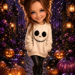 a digital painting of a girl with pumpkins and jack - o'- lanterns in the background Halloween Scary Cute Girl black